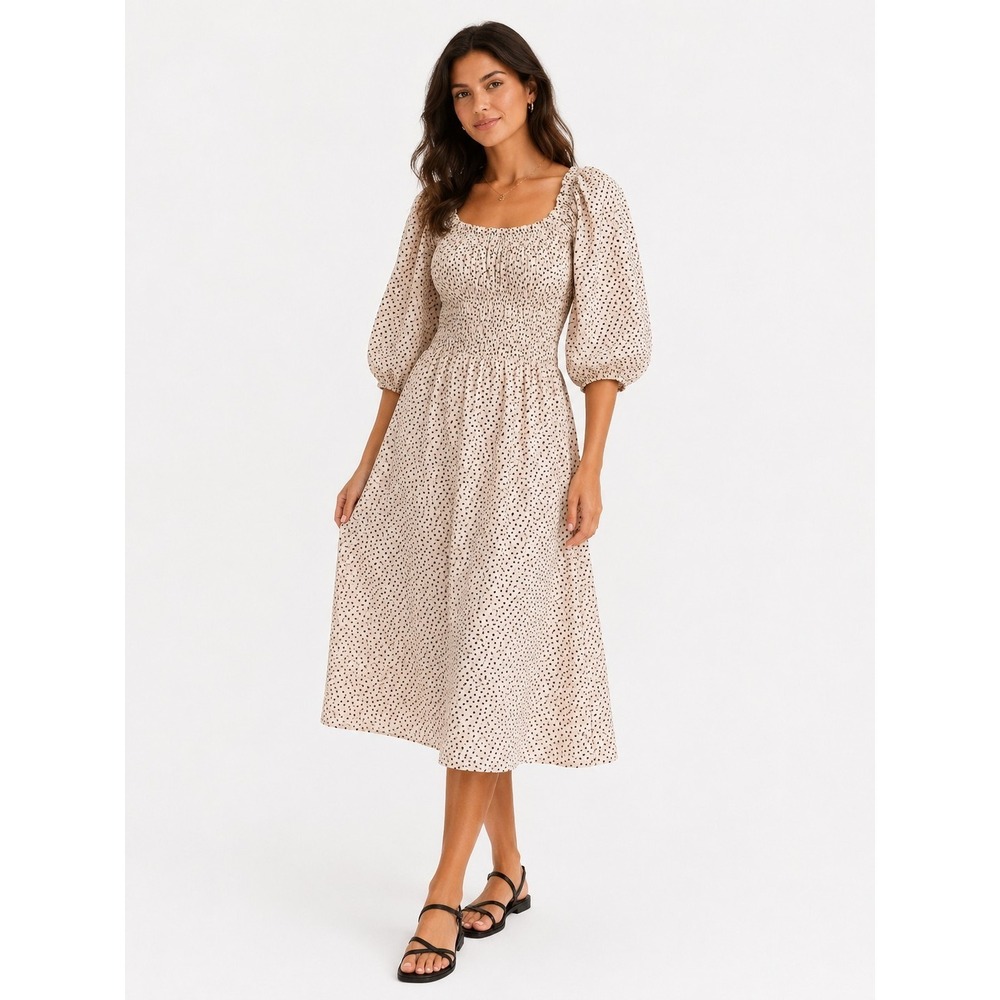 JUST FEMALE FP Avi Midi Dress US 6 EU‎ 38 Polka Dot Smocked Puff Sleeve Cotton